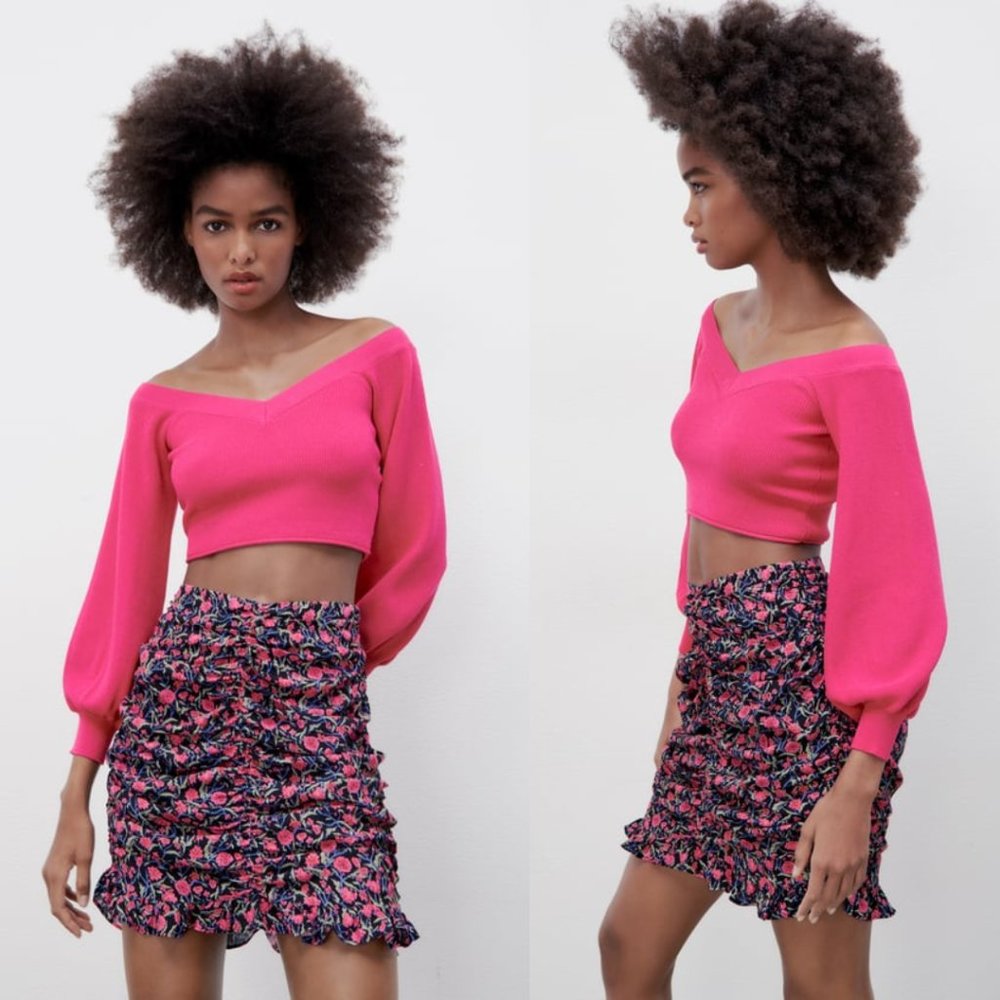 NWT ZARA Pink Floral Draped Mini Skirt Small